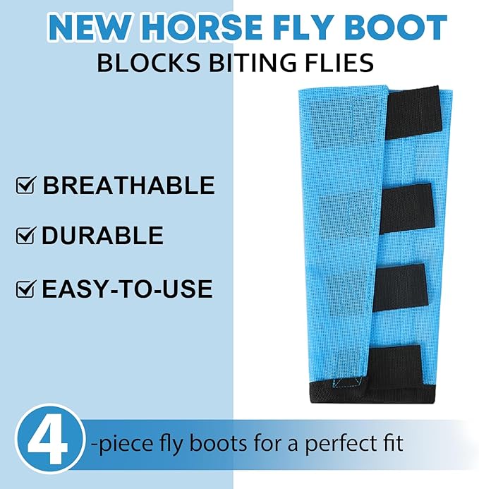 Premium 4-Pack Horse Fly Boots & Leggings Loose-Fit Fine Mesh with Stay-On Fasteners, Support Strips & Anti-Stomp Design Breathable Non-Slip Protection Leg Wrap (Large) Sky - Blue