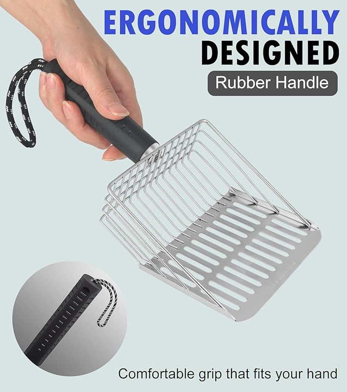 Cat Litter Scoop, Solid and Durable Kitty Metal Scooper, Stainless Steel Sifter, Heavy Duty, for Litter Box, Black Rubber Handle, Included Stainless Steel Hook