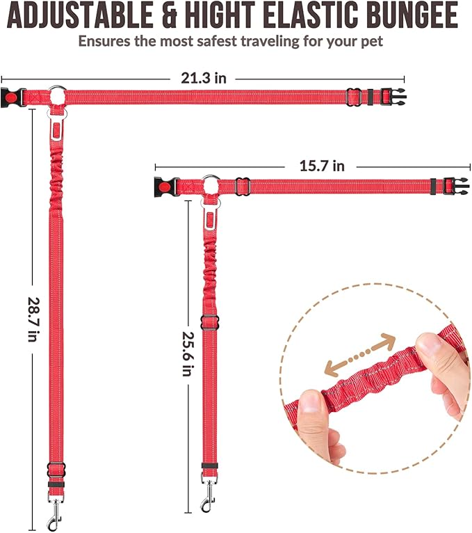 SlowTon Dog Seat Belt for Car, 2 Pack Dog Car Harness Seatbelt Adjustable with Elastic Bungee Buffer, 2 in 1 Pet Car Leash Headrest Restraint Dog Reflective Safety Tether (S, Red, Headrest+Clip)
