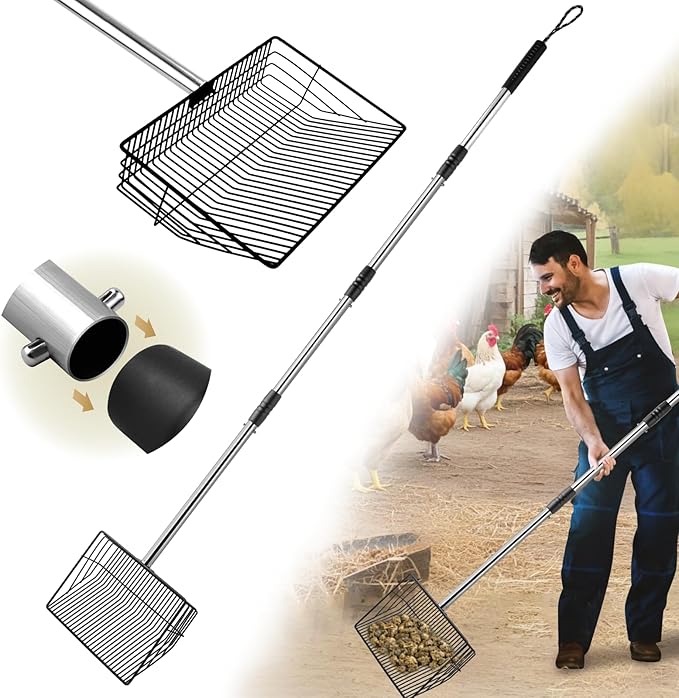 Chicken Poop Scooper with Long Handle- Coop Scoop with 24-68" Adjustable Stainless Handle, 4-in-1 Sifter Shovel for Poultry Waste Cleaning Accessories (Black)