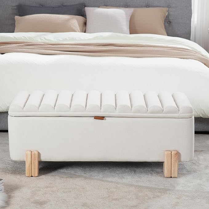 Kmax 45" Storage Bench Linen Entryway Bench Upholstered Ottoman Bench with Wavy Top & Safty Hinge for Bedroom Living Room Hallway, Beige