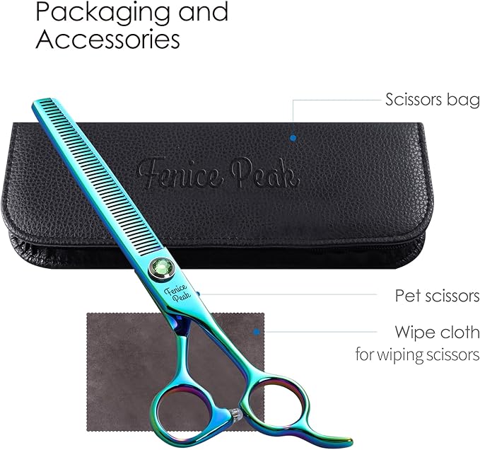 Fenice Peak 7'' Green Thinning Dog Grooming Scissors Pet Shears with Ergonomic Offest Handle and Simulated Emerald Screw 440C Grooming Scissors Trimming Shears Durable and Sharp