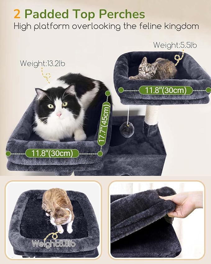 Globlazer Large Cat Tree Tower Condo, 80in Tall Cat Tree for Multiple Indoor Cats Large Adult, XXL Big Cat Climbing Tower with Cat Caves, Sisal Scratching Posts, Top Perches, Hammock, S80B, Dark Gray