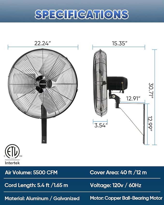 KEN BROWN 20 Inch Industrial Oscillating Wall Mount Fan 5500CFM,Heavy Duty,High Velocity,3- Speed,Black