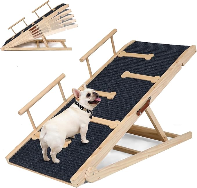 Dog Ramp for Bed, Non-Slip Pet Ramp with 5 Adjustable Heights, Portable Foldable Wooden 40" Long Pet Stairs for Small & Large Old Dogs & Cats - Lightweight & Easy Storage
