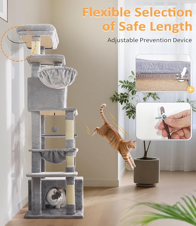 Cat Tree Large Cat Tower Tree 68" Multi-Level Cat Tower for Indoor Cats with Sisal Scratching Posts, Widen Cat Perche, Square Hammock, 2 Widen Condos, Scratching Posts, Light Grey