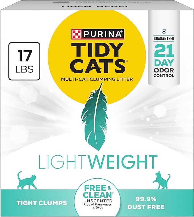 Purina Tidy Cats LightWeight Free and Clean Unscented, Multi-Cat, Clumping, 99.9 Percent Dust Free Cat Litter - 17 lb. Box