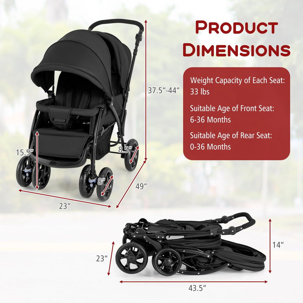 HONEY JOY Double Stroller, Foldable Lightweight Infant Twin with Tandem Seating, 5-Point Harness, Recline Seat, Storage Basket, Compact Baby Double Stroller Newborn and Toddler (Black)