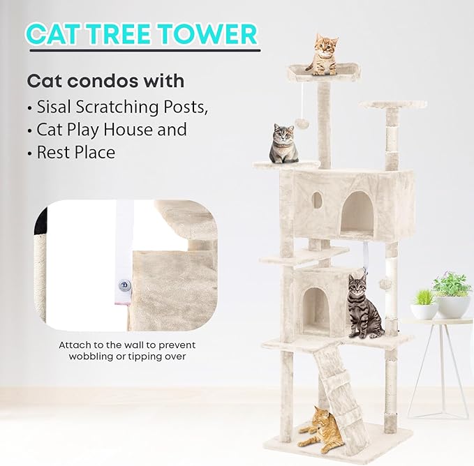 FDW Cat Tree 70in Cat Tower Multi-Level Durable Cat Scratching Post & Cozy Fun Cat Jumping Platform Space Saving Cat Condo Pet Play House for Indoor Cats,Beige