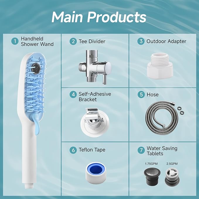SR SUN RISE Dog Shower Attachment with 4 Adjustable Spray Modes, Pet Shower Attachment Hose for Easy Installation, Dog Shower for Bathing and Grooming, Indoor/Outdoor Use, 6.5-Foot Hose, Blue/White