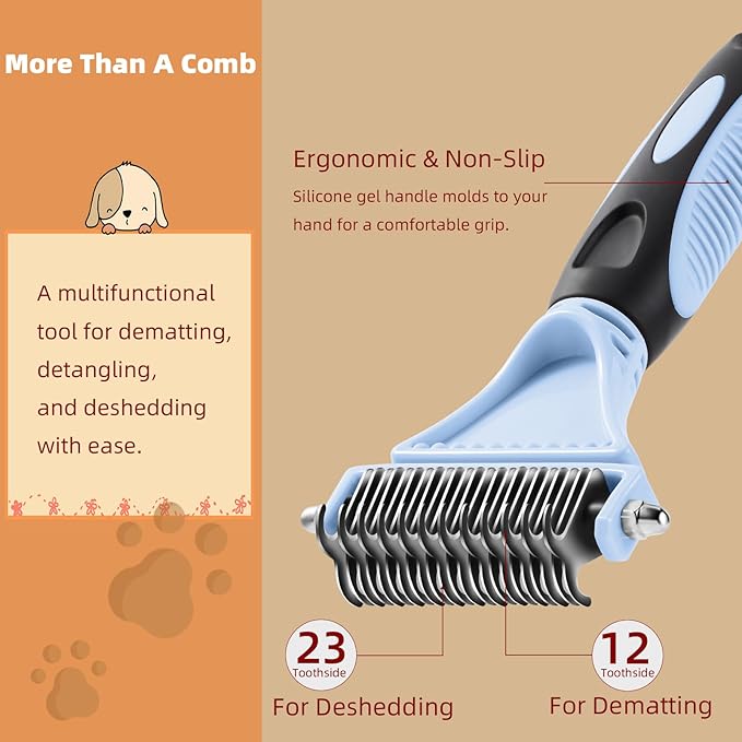 3PCS Cat & Dog Brush Set: Slicker & Deshedding Brush, Dematting Comb, and Bath Brush – Premium Grooming Tools for Shedding & Tangle-Free Fur (blue)
