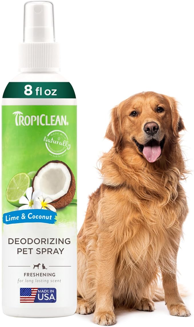 TropiClean Dog Perfume, Long Lasting Lime & Coconut Cologne, Deodorizing Spray for Smelly Dogs, After Bath Detangling Spray with Vitamin E, Safe for Cats, 8oz.