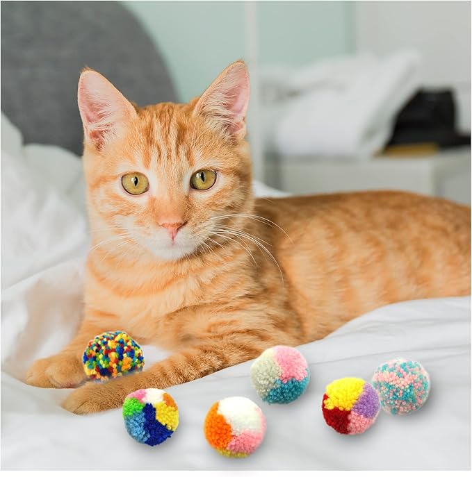 Andiker 6 Pcs Assorted Color Cat Ball Toys, Woolen Yarn Puffs Cat Pom Pom Balls Interactive Kitten Chasing Toys