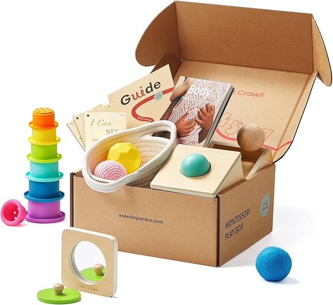 Tiny Land Montessori Toy Set for Babies 7-9 Months Senser Play Kit - 5-in-1 Wooden Learning Toys with Object Permanence Box, Sensory Ball, Stacking Cups and Mirror Puzzle,Body Board Book