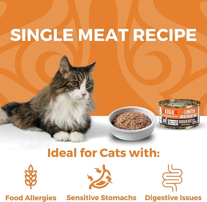 KOHA Limited Ingredient Diet Chicken Pate for Cats - Single Meat Wet Cat Food for Sensitive Stomachs - Pate Cat Food with No Fillers - 5.5oz Pack of 24