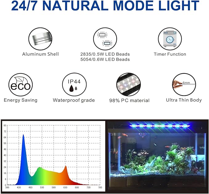 OYO WATER Aquarium LED Light 24"-32" with Timer, 24/7 Cycle, 5 Dimmable Brightness, Sunrise/Sunset Simulation for 10/20/30/55 Gallon Fish Tank
