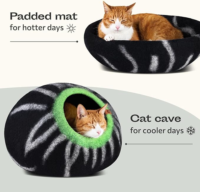 MEOWFIA Cat Cave – Premium Felt Cat Bed for Indoor Cats, Handmade 100% Merino Wool (Medium, Shining Tiger)