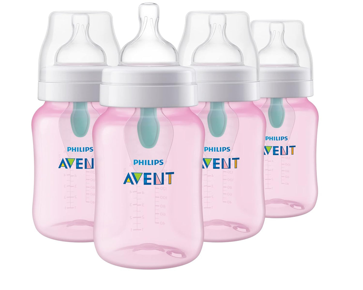 Philips Avent Anti-Colic Baby Bottle with AirFree Vent, Medium Flow 2 Nipple, 1m+, 9oz, 4 Pack, Pink, SCY703/14