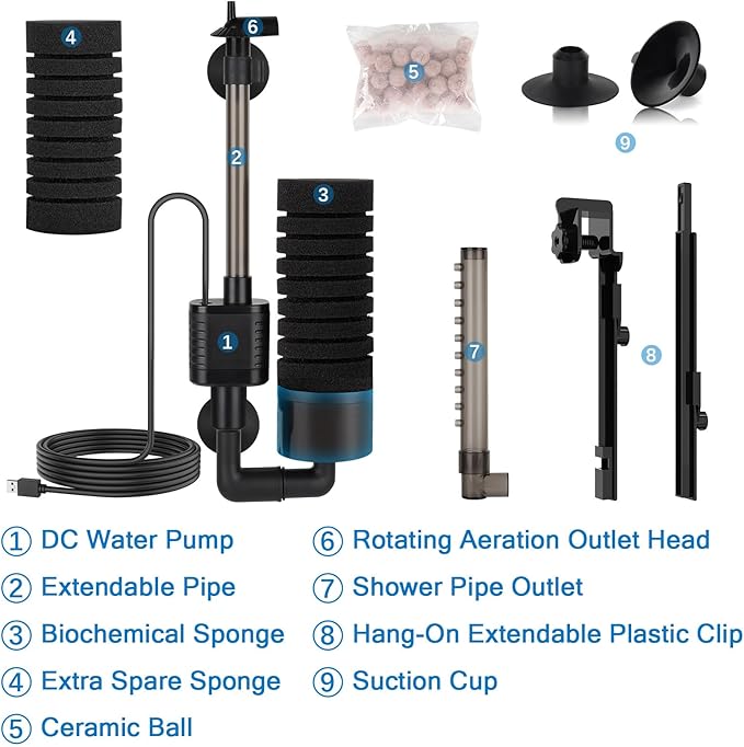 hygger USB Single Sponge Filter, Small Aquarium Filter with Adjustable Hanging Clip and Suction Cup, Duckbill Outlet, Rain Pipe Outlet, Extra Spare Sponge