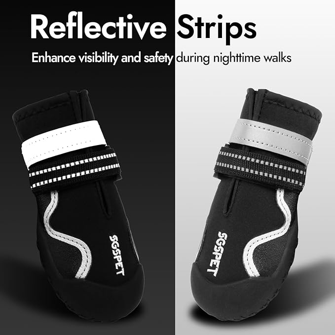 Dog Shoes, Waterproof Dog Boots & Paw Protectors with Anti-Slip Sole, 4pcs/Set Pet Dog Booties, Reflective Dog Shoes for Small Medium Large, Winter Snowy Summer Hot Pavement (Black, 4# (S))