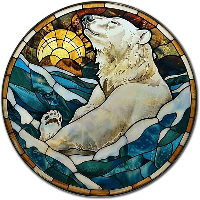 Lygond Metal Polar Bear Toilet Decor - Circular Stained Glass Tin Sign, 1212 Inches