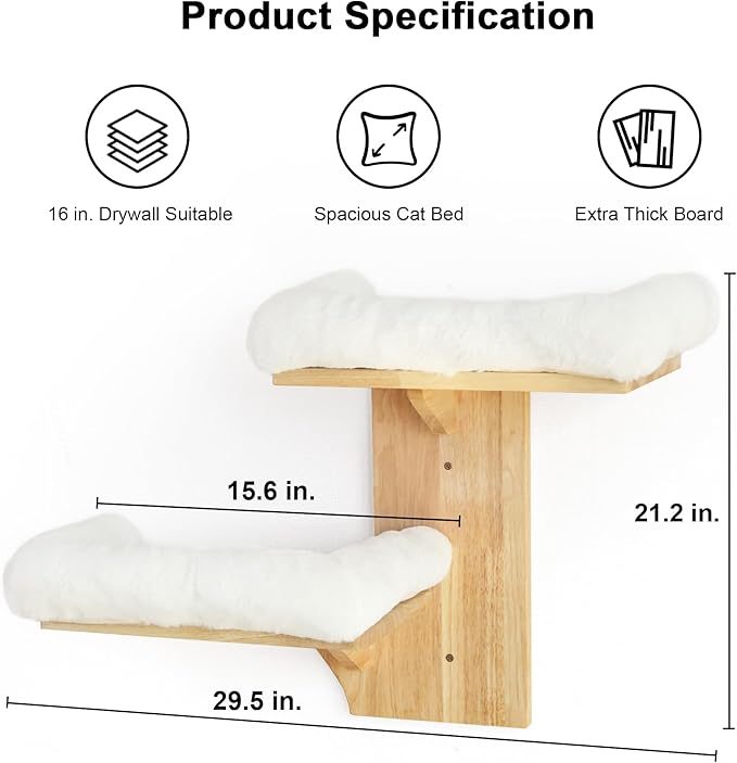 FUKUMARU Cat Wall Shelves, 2 Platform Cats Walls Furniture, Tree Shape Kitten Floating Shelf with Soft Cushion Perch, Solid Rubber Wood for 16 Inch Drywall, Suitable for Climb, Play, Nap