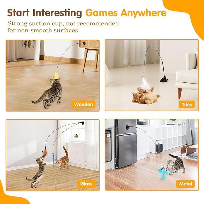Pawaboo Cat Feather Toys, Interactive Cat Wand Toy with 2-Slot Super Suction Cup, Detachable 2 PCS Spring Cat Wand & 7 PCS Cat Teaser Replacement with Bells, Funny Kitty Toys for Indoor Kittens Play