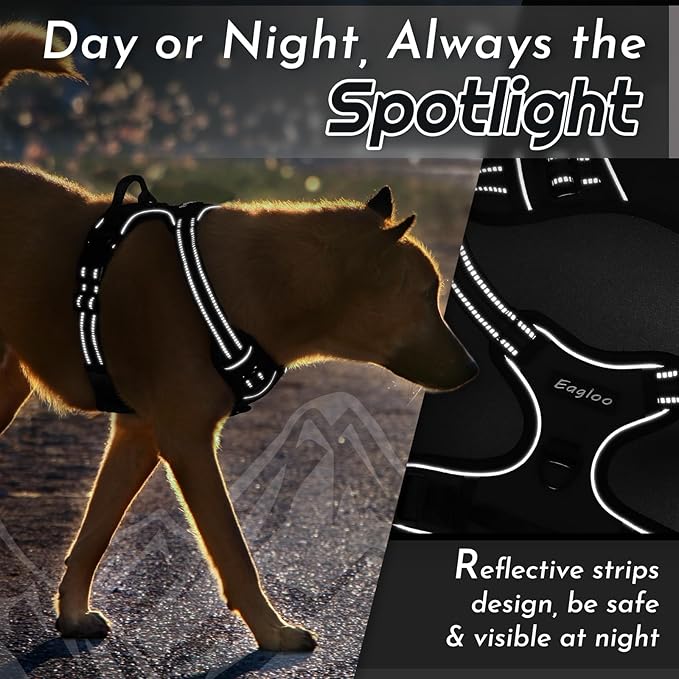 Eagloo Dog Harness for Large Dogs, No Pull Service Vest with Reflective Strips and Control Handle, Adjustable and Comfortable for Walking, No Choke Pet Harness with 2 Metal Rings, Black, XL