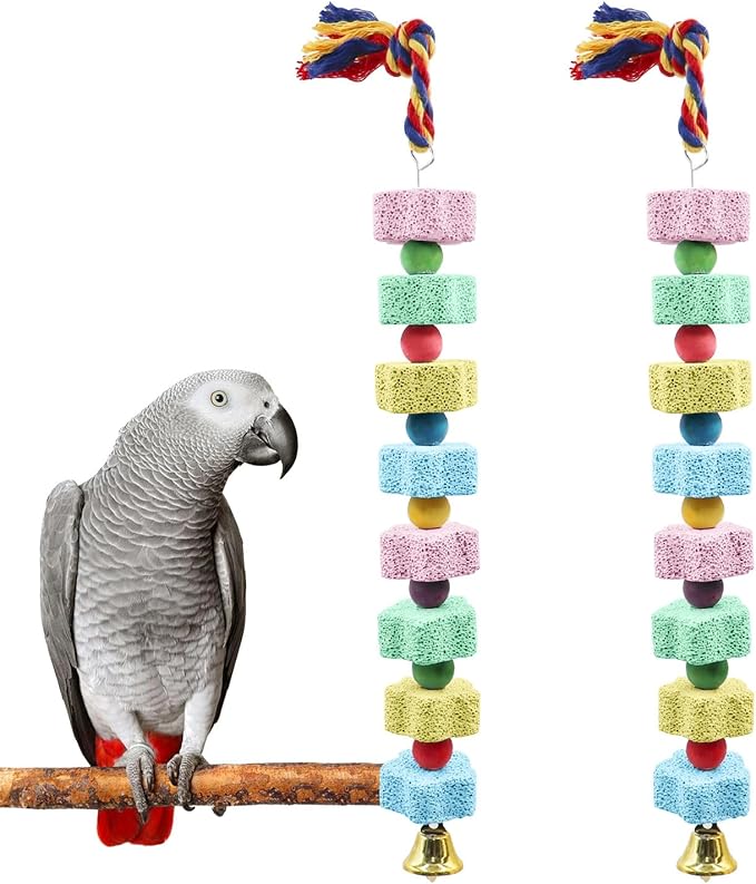 2 Pack Mineral Block Chew Toys with Colorful Beads and a Bell, Bird Beak Grinding Stone, Cage Accessories for African Grey, Budgies, Cockatiels, Small to Medium Birds