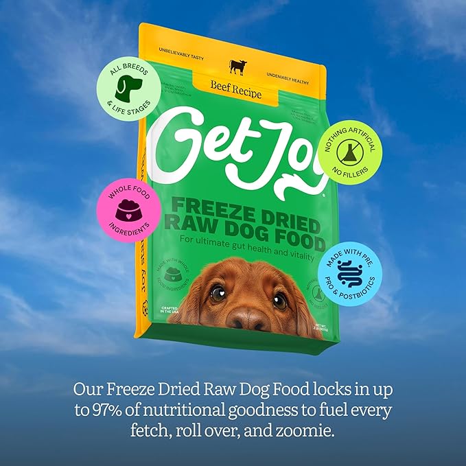 Get Joy Gut Health Fresh Freeze Dried Raw Meal, Beef Recipe, 16 Ounce Bag, Dog Food for Dogs of All Breeds and Life Stages, PhD Animal Nutritionist Formulated, USDA Beef, Made in USA