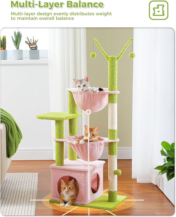 Pink Cat Tree, 47.6" Cat Tower with 2 Metal Frame Hammock, Cat Scratching Post for Indoor Cats with 2 Removable Pompom Sticks for Kittens, Pink