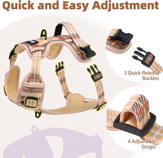PUPTECK No Pull Dog Harness Medium Sized, Adjustable Reflective Dog Harness with Handle Easy Control, Comfortable Soft Padded Pet Vest Harness for Medium Dogs, Plaid Beige M