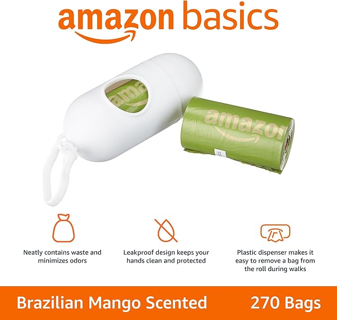 Amazon Basics Dog Poop Bags with Dispenser, 270 Count, Enhanced for Guaranteed Leakproof, Brazilian Mango Scented, Includes Leash Clip