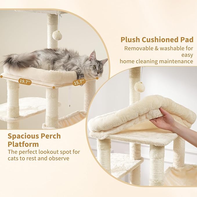 Heybly Heavy Duty Cat Tree, 71-Inch Tall Tower for Large Maine Coon with Extra-Large Baseboard, Cat Condo Furniture with Multi-Level Platforms, 2 Hammocks and 12 Scratching Posts, Beige HCT037M