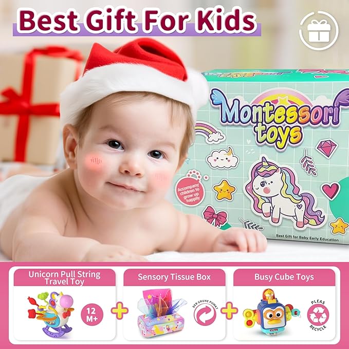 3 in1 Baby Toys 12 to 18 Months - Busy Board Sensory Toys, Tissue Box Toy, Pull String Teether, Learning Toy for Babies, Infant Gifts for 12 18 Months Old