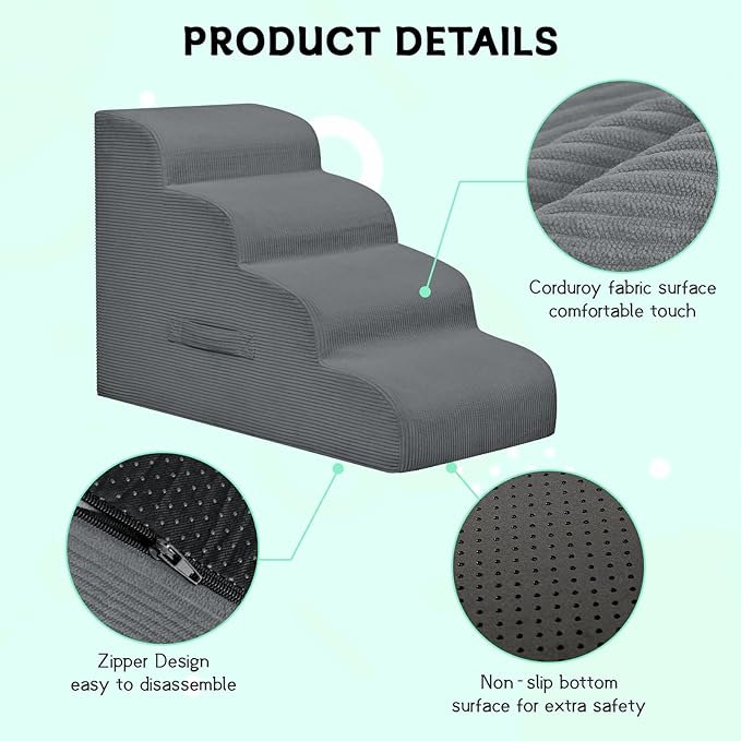Dog Stairs & Steps for High Beds, 2 Steps High Density Foam Waterproof Dog Ramp for Small Dogs and Cats, Pet Stairs with Removable Washable Cover for Bed, Couch, Sofa and Car (H: 11.8")
