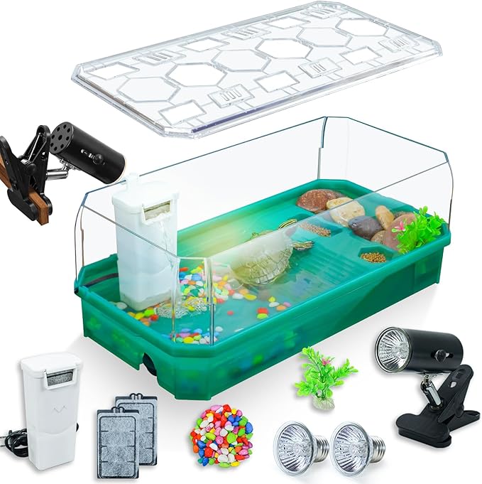 Aquatic Turtle Tank Habitat Kit Stone+Filter+Heat Lamp Enhancing Interaction with 360° Viewing, Standalone Filtration, DIY Creative Zone, Enriched Living (Green, Large[with Light])