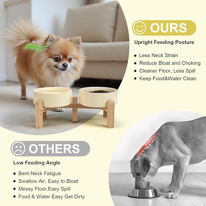 SPUNKYJUNKY Elevated Dog Bowls Ceramic, 5.1'' Dogs and Cat Food Water Bowls Raised with Non-Slip Bamboo Stand for Puppy Small Sized Breed Microwave Dishwasher Safe - 13.5 OZ,Beige