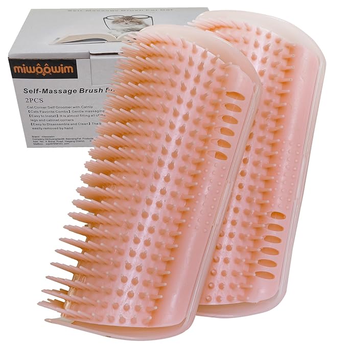 Cat Self Groomer, Extended (6.1"), 2 Pack, Pink, Wall Corner Self Grooming Brush for Indoor Cats, Kitten, Long Short Fur, Massage Comb