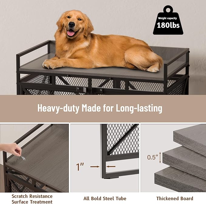 COZPAW Large Dog Crate Furniture, 48 Inch Wooden Dog Kennel for XLarge Dogs, Heavy Duty Dogs Furniture Indoor Wire Dog Cage with Caster Wheels,Decorative Pet House End Table, Textured Gray