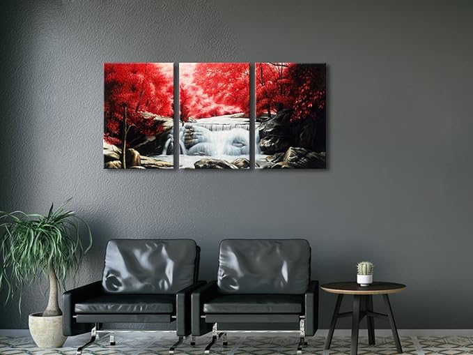 Wieco Art 3 Piece Red Forest Waterfalls Canvas Prints Wall Art for Living Bedroom Room Home Decorations Modern Gallery Wrapped Landscape Tree Oil Paintings Reproduction Pictures Artwork