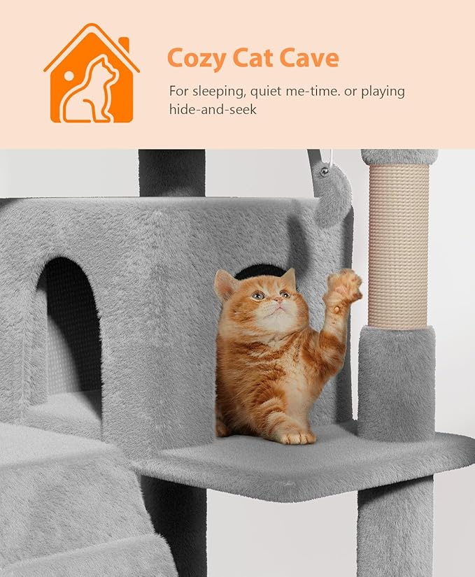 54" Cat Tree Tower for Indoor Cats Large Adult,Cute/Tall Modern Cat Tree for Big Cats 20 lbs, Plush Multi-Level Cat Condo with Scratching Posts, Dangling Ball for Fun (Light Gray, 54 inch)