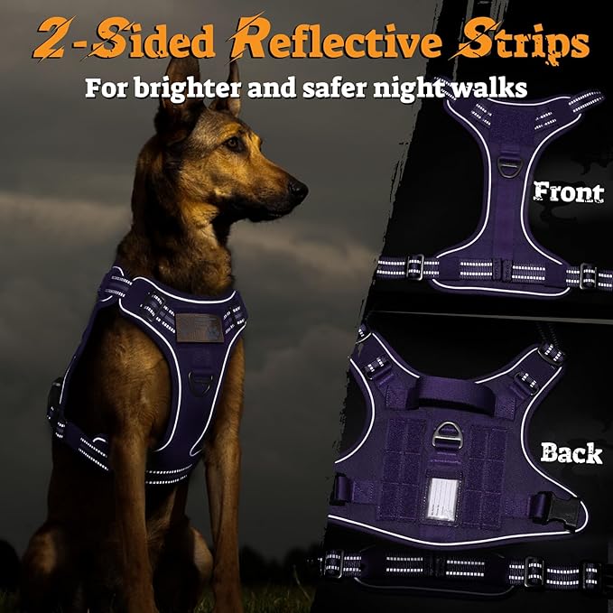 rabbitgoo Dog Harness for Large Dogs No Pull, Tactical Service Pet Vest with Molle and Control Handle, Adjustable and Reflective Military Harness for Easy Walking and Training, Purple, XL