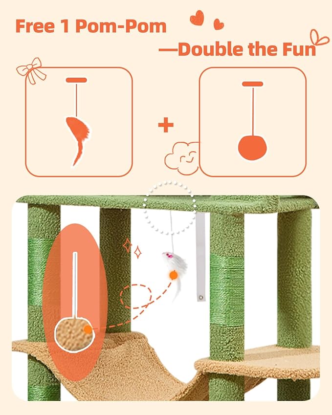 Taoqimiao Cat Tree, 66.2-Inch Cat Tower for Indoor Cats, Plush Multi-Level Cat Condo with 7 Scratching Posts, 2 Perches, 2 Caves, Hammock, 2 Pompoms, MS013T Cactus