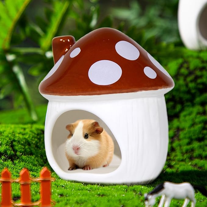 Ceramic Mushroom Hamster Hideout - Hamster Habitat for Hamsters Chinchillas Hedgehogs and Gerbils Mouse Small Pet Guinea Pigs House Hamster Bed (Brown)