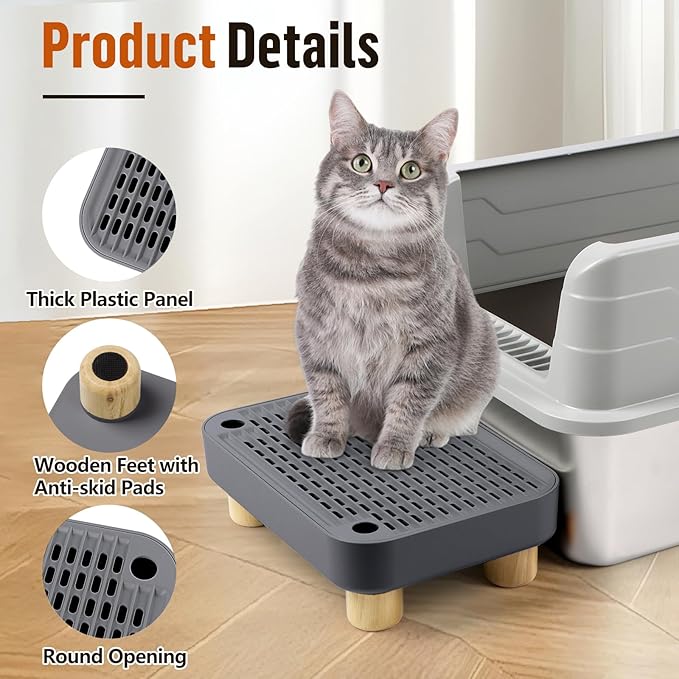 Cat Litter Box Step Ramp, Cat Litter Catcher Mat with Wooden Feet, Filter Function, Cat Pedal Stool for Self-Cleaning Cat Litter Box, Ideal for Kitten & Elderly Cats (Dark Grey)