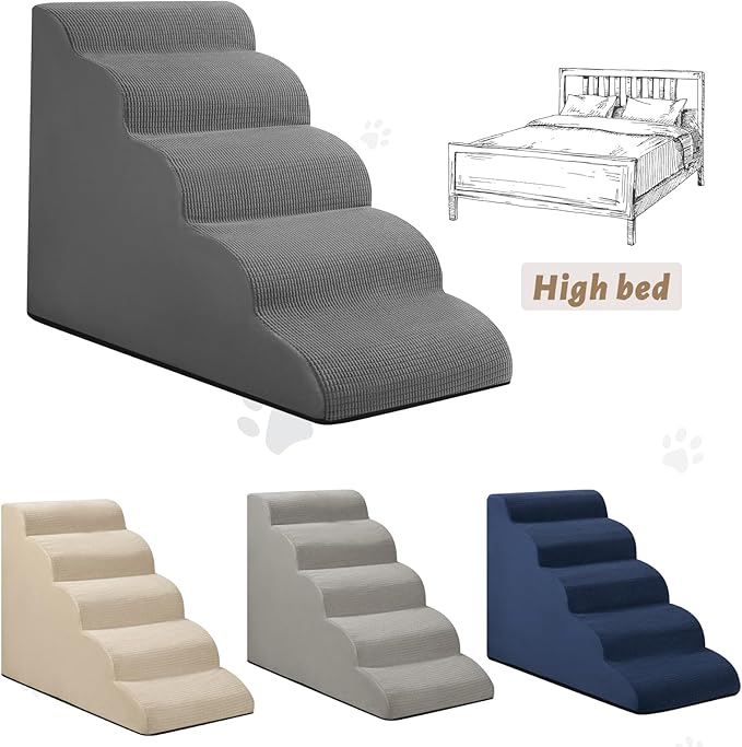 5-Step Dog Stairs and Ramp for High Bed, Non-Slip Sturdy Pet Steps for Small Dogs and Cats,22.2" H,Grey