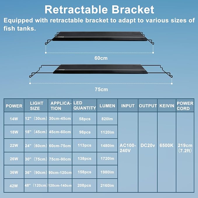 24/7 LED Aquarium Light, IP68 Waterproof Extendable Bracket Fish Tank Light with Timer, 7 Colors, 10 Level Adjustable Brightness, DIY Mode Full Spectrum Aquarium Plant Light for 24-30 Inch Fish Tank