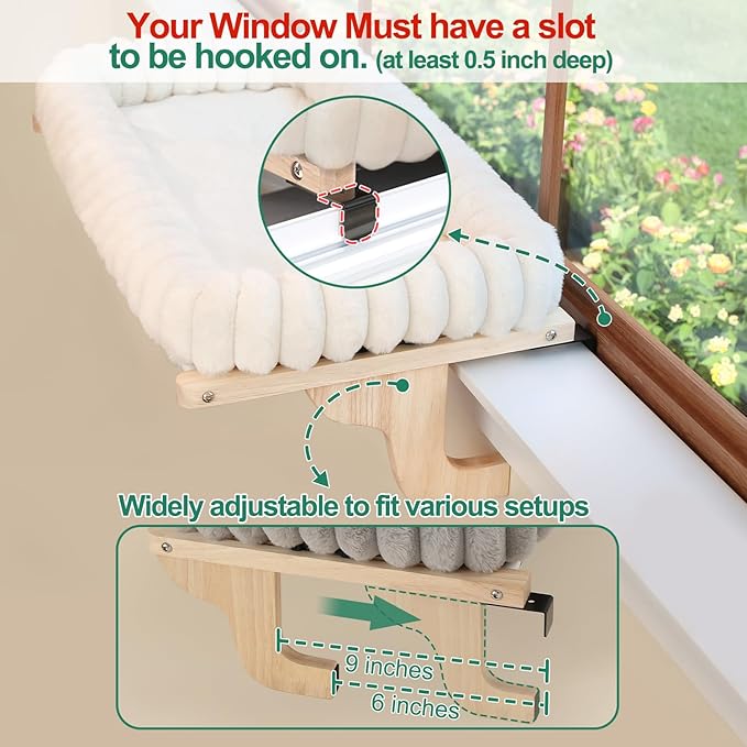 SnugCloud Cat Window Perch with 4-Sided Bolster - Orthopedic Cat Hammock for Window Sill - Solid Hardwood & Metal Frame - Window Seat for Pets (Natural Color Wood w/Gray Bed, Large)