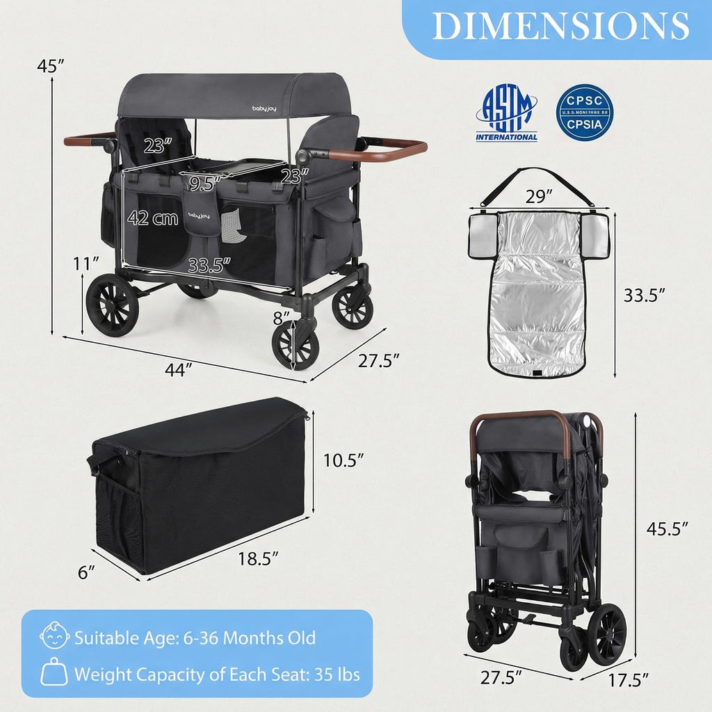 BABY JOY Wagon Stroller for 4 Kids, Foldable Stroller Wagon with Removable Canopy, Adjustable Handle, Snack Tray, Parent Organizer, 5-Point Safety Harness, Convertible Diaper Bag/Changing Pad (Black)